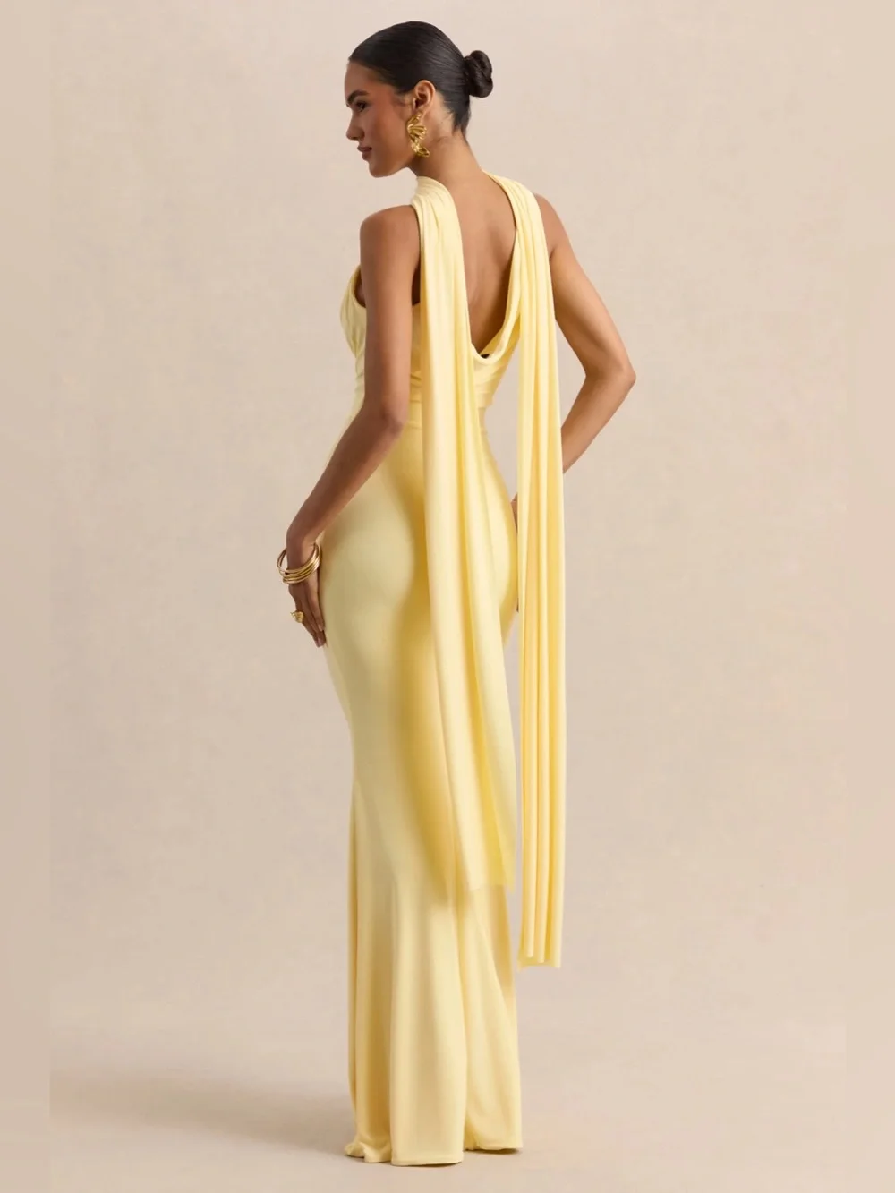 CLUBLLondon Armelia Lemon Cowl Neck Maxi Dress with Scarf Detail - Picture 2 of 4